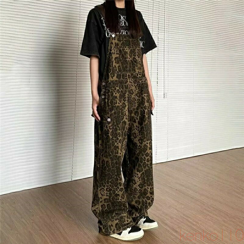 【送料無料】サロペット ワイド レディース レトロ ゆったり 着痩せ ストリートコーデ アメカジ ヒョウ柄 jeans 夏 パンツ 春秋 ボトムス 大きいサイズ 20代 30代 40代 50代