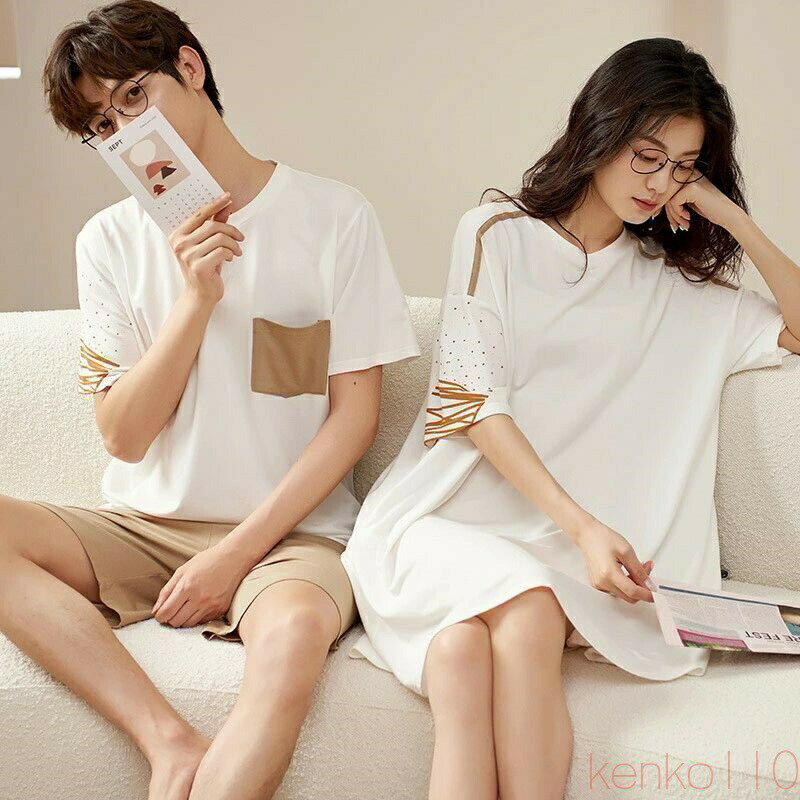 【送料無料】ペア パジャマ 半袖 夏 男女2着 セット 春 シンプル ゆったり ポケット 涼しい セットアッ..