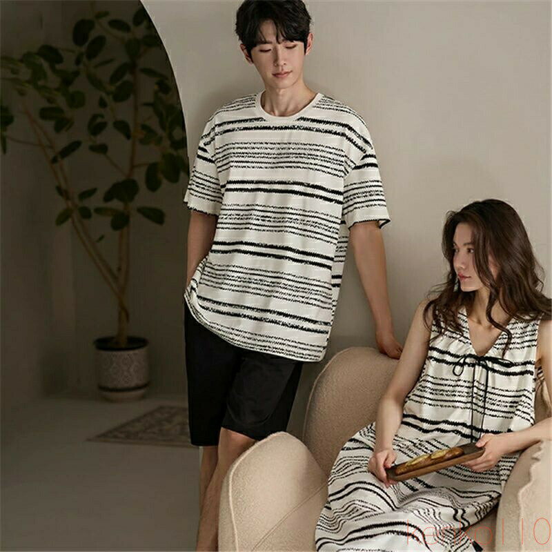 【送料無料】ペア パジャマ 半袖 夏 男女2着 セット 春 ボーダー シンプル ゆったり 綿 ワンピース カップル 柔らかい タンキニ ルームウェア パッド付き 高級 春夏 ペアパジ