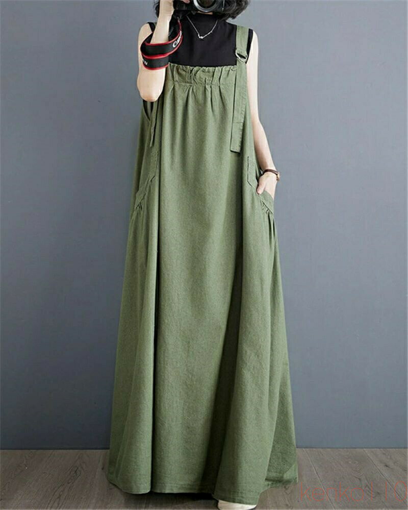 【送料無料】ジャンパースカート 大人 春 カジュアル 大きいサイズ ゆったり 麻リネン 韓国 aライン サロペット 夏 ロング レディース ジャンスカ ワンピース 秋 30代 40代 5