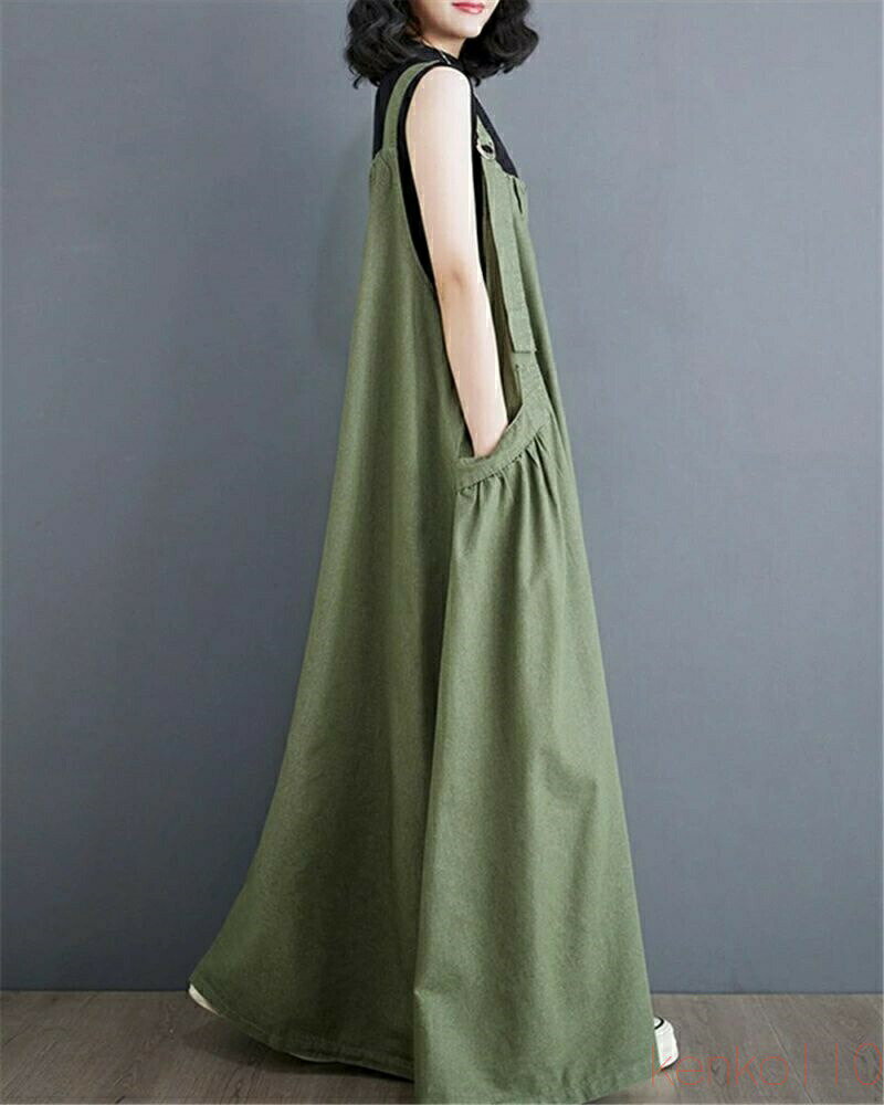 【送料無料】ジャンパースカート 大人 春 カジュアル 大きいサイズ ゆったり 麻リネン 韓国 aライン サロペット 夏 ロング レディース ジャンスカ ワンピース 秋 30代 40代 5