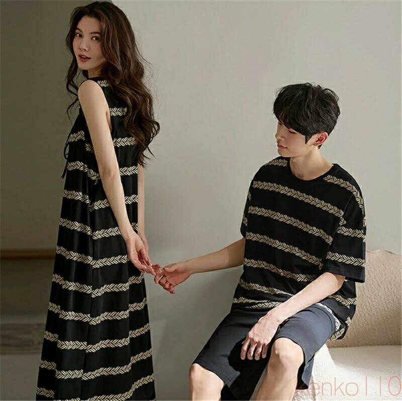 【送料無料】ペア パジャマ 半袖 夏 男女2着 セット 春 ボーダー シンプル ゆったり 綿 ワンピース カップル 柔らかい タンキニ 薄手 ルームウェア パッド付き 高級 春夏 ペ
