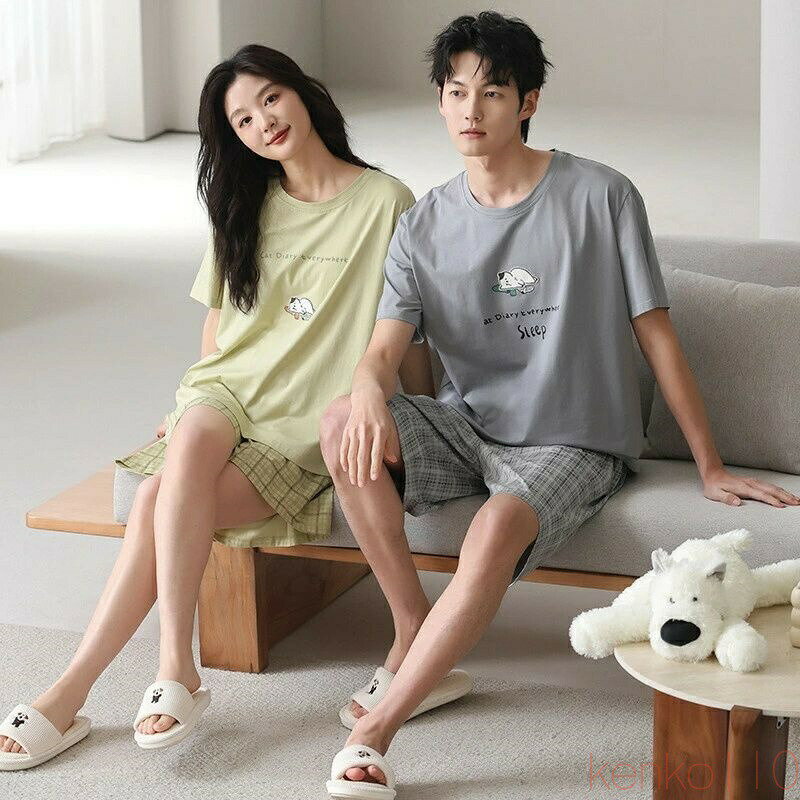 【送料無料】ペア パジャマ 半袖 夏 男女2着 セット 春 シンプル ゆったり 可愛い 綿 大きいサイズ セットアップ カップル 薄手 ルームウェア 高級 春夏 ペアパジャマ 結婚祝