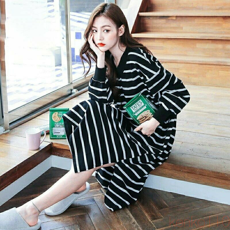 【送料無料】ルームウェア ワンピース レディース 夏 ゆったり 春 秋 着痩せ ストライプ パジャマ ネグリジェ 綿100% ロング パッド付き ブランド かわ...