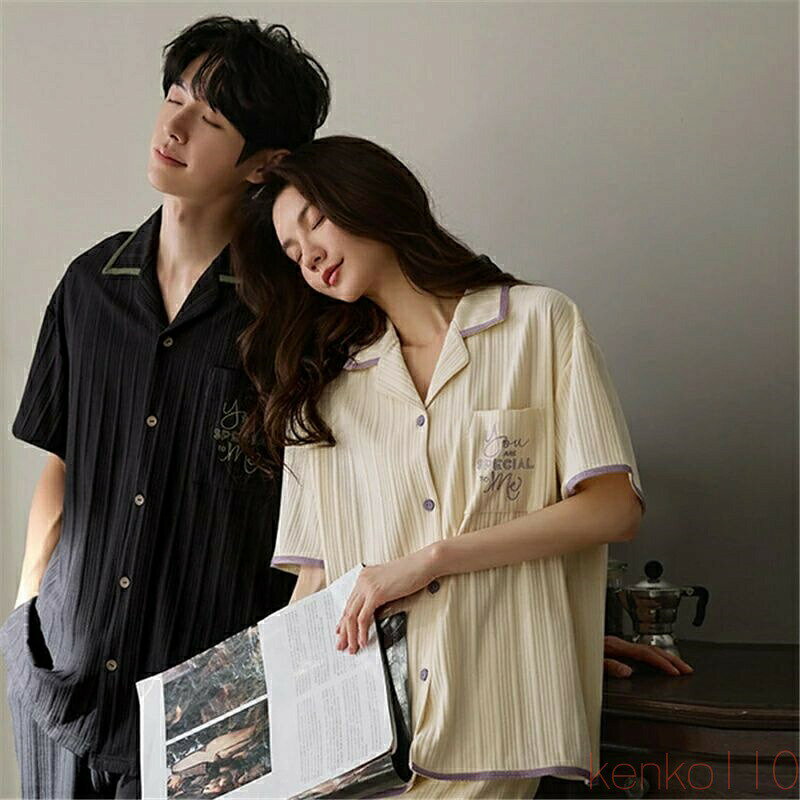 【送料無料】ペア パジャマ 半袖 夏 綿100% 男女2着 セット シンプル ゆったり 前開き セットアップ カップル 無地 薄手 ルームウェア 半袖トップス+ショートパンツ 高級 春