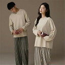 【送料無料】ペア パジャマ 長袖 男女2着 セット 綿100% 無地 ストライプ ゆったり uネック カップル 春 秋 シンプル 長袖トップス ルームウェア クルーネック 冬 コットン