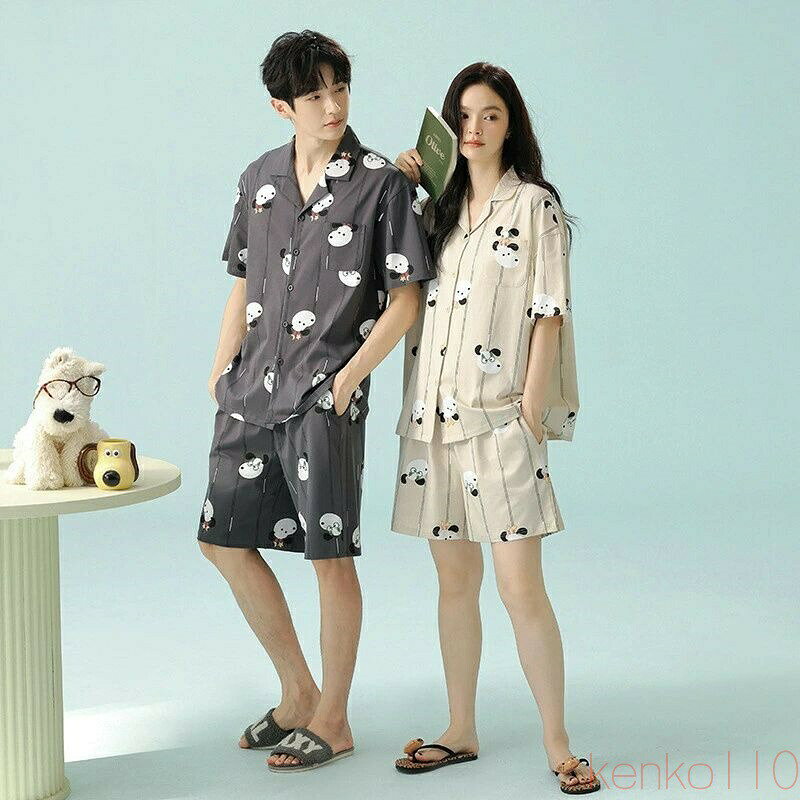 【送料無料】ペア パジャマ 半袖 夏 男女2着 セット 春 ストライプ シンプル 愛犬 アニメ セットアップ 抗菌 綿100％ 薄手 ルームウェア 春夏 高級 カップル ペアパジャマ 結
