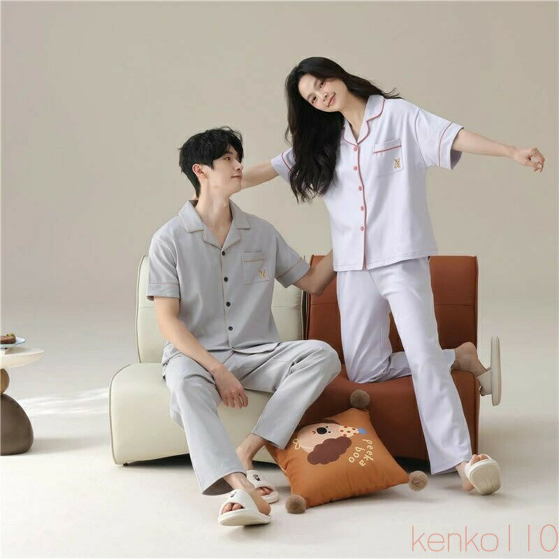 【送料無料】ペア パジャマ 半袖 夏 男女2着 セット 春 犬 ポケット 柔らかい セットアップ カップル ..