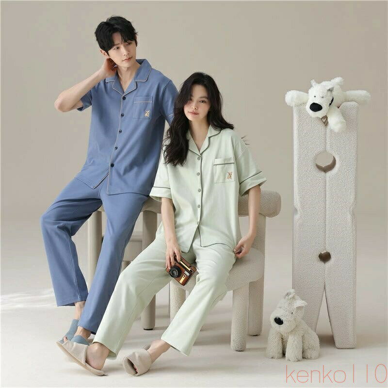 【送料無料】ペア パジャマ 半袖 夏 男女2着 セット 春 シンプル 犬 ポケット セットアップ カップル ..