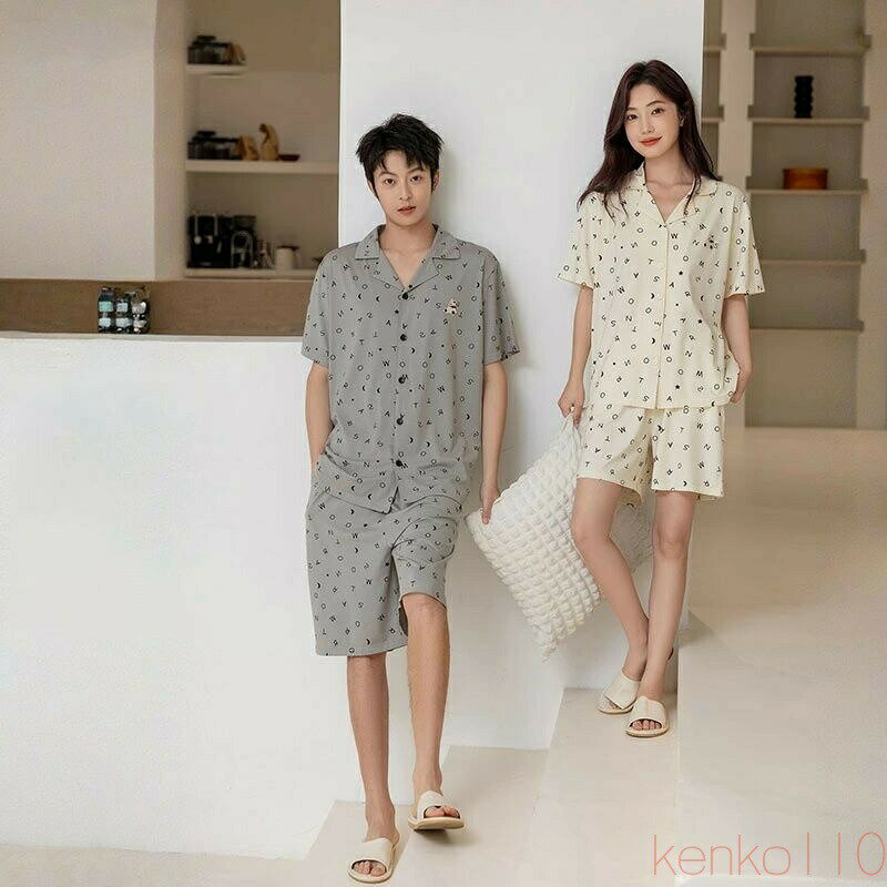 【送料無料】ペア パジャマ 半袖 夏 男女2着 セット 春 シンプル 前開き カジュアル 綿 刺繍 プリント 薄手 ルームウェア ペアルック 高級 カップル 春夏 ペアパジャマ 結婚