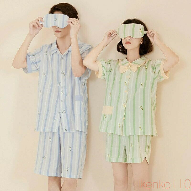 【送料無料】ペア パジャマ 半袖 夏 綿100% 男女2着 セット ストライプ リボン 可愛い 春 綿 セットア..