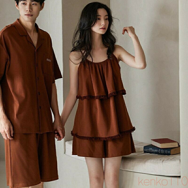 【送料無料】ペア パジャマ 半袖 夏 男女2着 セット 春 無地 前開き ゆったり 綿 キャミワンピ セット..