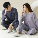 【送料無料】ペア パジャマ 長袖 男女2着 セット 綿100% 柔らかい シンプル ゆったり 春 秋 チェック オーバーサイズ クルーネック 冬 コットン カップル ルームウェア ペア