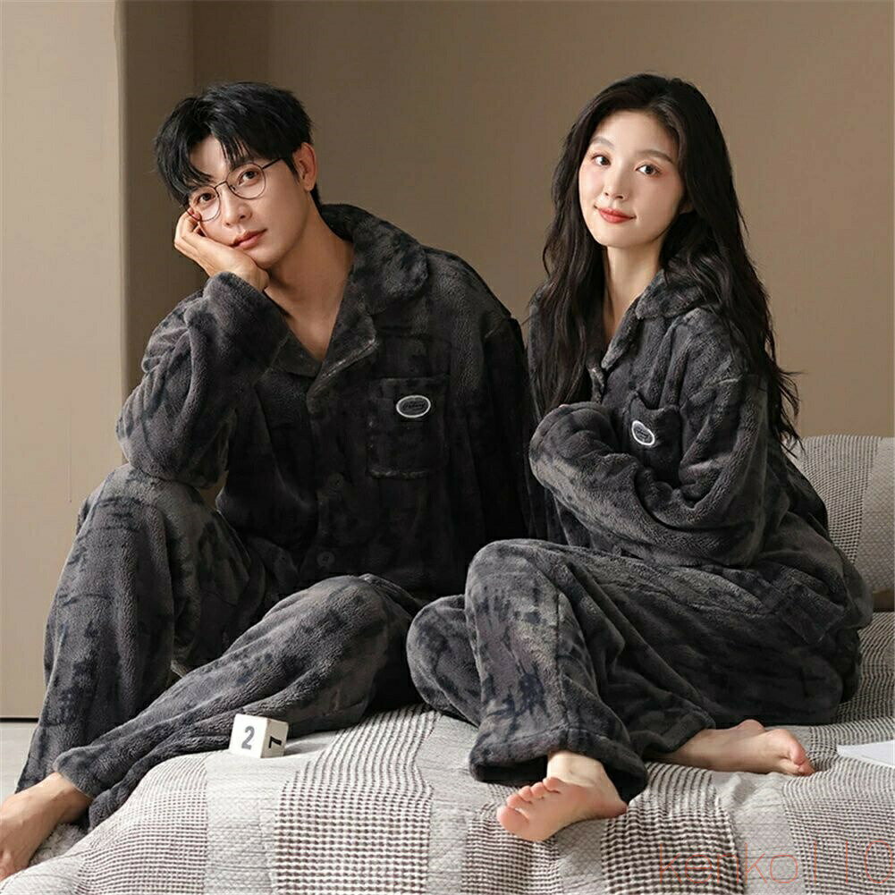 【送料無料】ペアパジャマ 冬 モコモコ 男女2着 セット 長袖 前開き ファッション カジュアル シンプル..