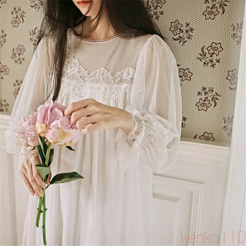 【送料無料】ルームウェア ワンピース レディース 夏 春 レトロ ネグリジェ レース ロング パジャマ ブランド かわいい 大人 長袖 春秋 おしゃれ 部屋着 ギフト スウェット