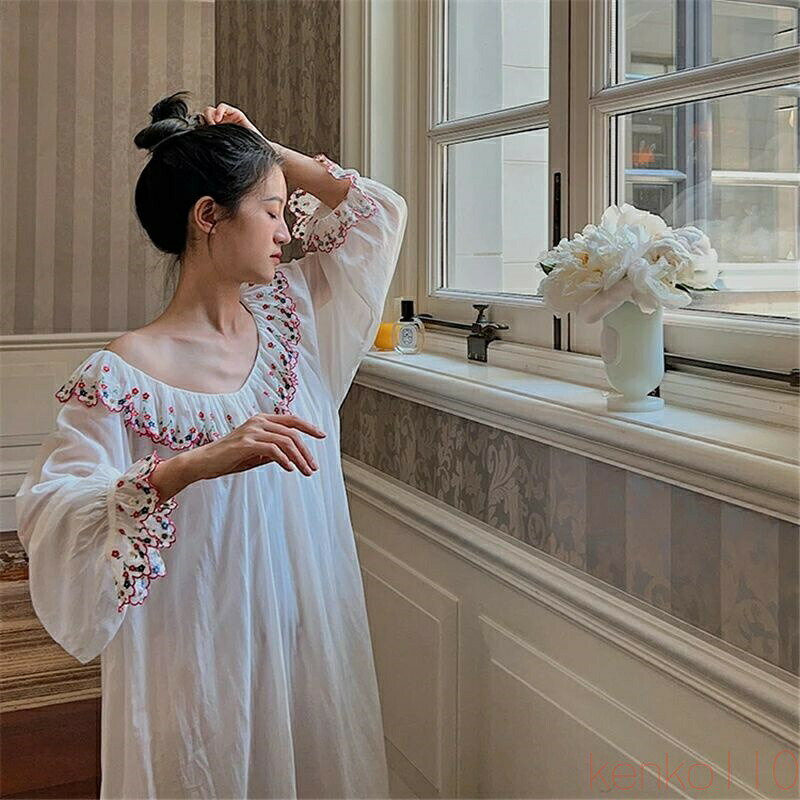 【送料無料】ルームウェア ワンピース レディース 夏 冬 刺繍 かわいい 春 秋 コットン パジャマ 秋冬 花形 ロング 長袖トップス ブランド 大人 長袖 春...