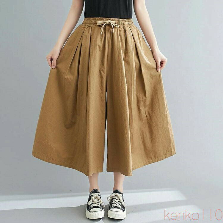 Cropped Pants - 【送料無料】ワイド パンツ イージーパンツ 3色 7分丈 レディース イージーワイドパンツ 麻 綿麻 コットンリネン ガウチョパンツ スカーチョ スカンツ ウェストゴム ウェスト