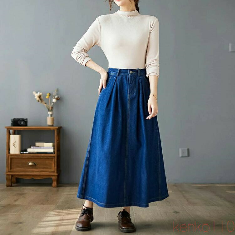 【送料無料】デニムスカート ロング 定番 春夏 ロングスカート デニム レディース 春秋 マキシ丈 ウエストゴム プリーツ 大きいサイズ ゆったり ハイウエスト 無地 Aライン 2