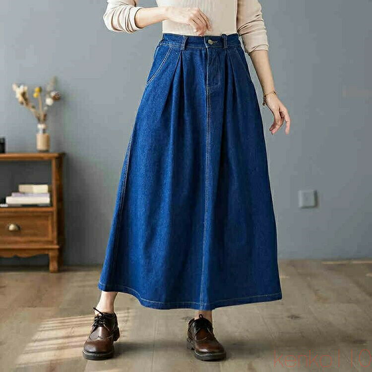 【送料無料】デニムスカート ロング 定番 春夏 ロングスカート デニム レディース 春秋 マキシ丈 ウエストゴム プリーツ 大きいサイズ ゆったり ハイウエスト 無地 Aライン 3