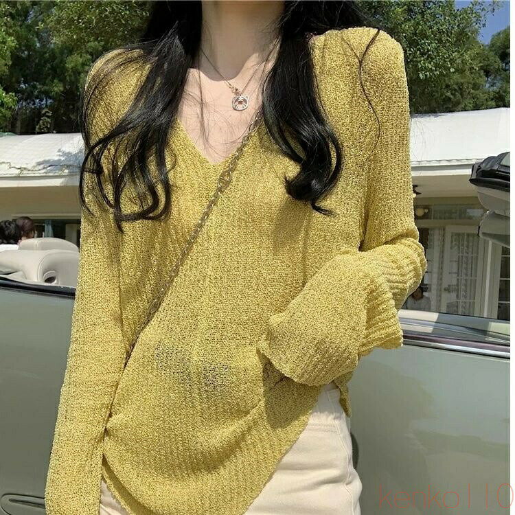 【送料無料】チュニック ニット Vネック レディース 長袖 不規則 ニットソー ドロップショルダー 体型カバー トップス 透け感 無地 ゆったり 薄手 サマーニット スリット オ