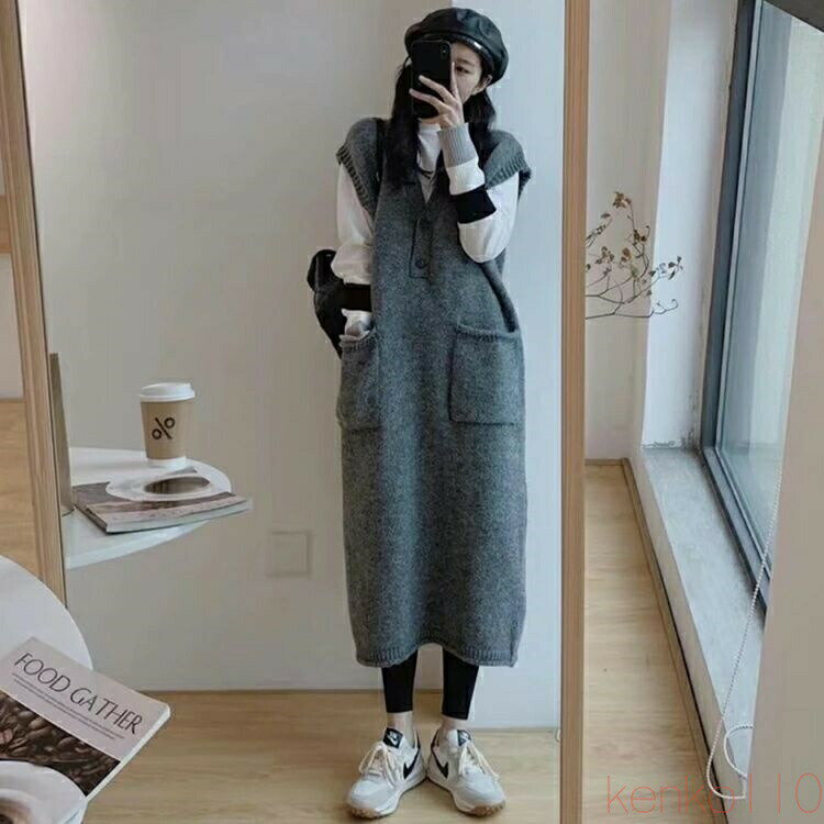 【送料無料】ニットワンピース レディース ロングワンピース ニット 無地 Vネック ノースリーブ マキシ丈 トップス カジュアル ポケット ゆったり シンプル 春 秋 フロントボ