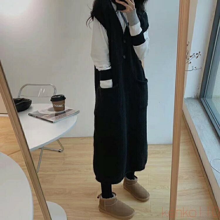 【送料無料】ニットワンピース レディース ロングワンピース ニット 無地 Vネック ノースリーブ マキシ丈 トップス カジュアル ポケット ゆったり シンプル 春 秋 フロントボ