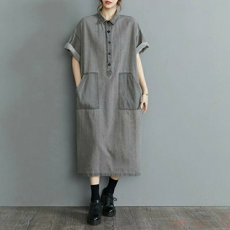 【送料無料】デニムロングシャツワンピース ロング シャツワンピース レディース ミモレ丈 デニムワンピース 半袖 羽織 綿100％ コットンデニム ステッチ 配色 ドロップショ