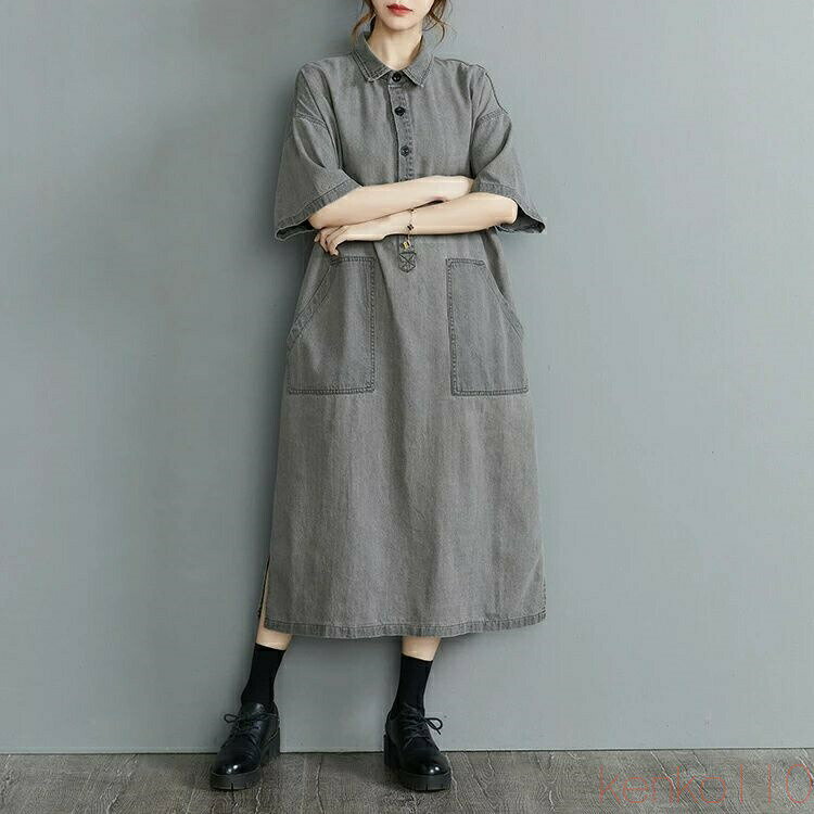 【送料無料】デニムロングシャツワンピース ロング シャツワンピース レディース ミモレ丈 デニムワンピース 半袖 羽織 綿100％ コットンデニム ステッチ 配色 ドロップショ