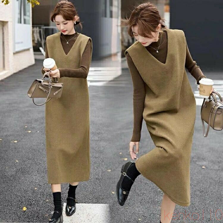 【送料無料】ジャンパースカート ワンピース ロング ロングワンピース きれいめ レディース レイヤード セレモニー 体型カバー 重ね着 キャミワンピ Vネック 無地 スリット