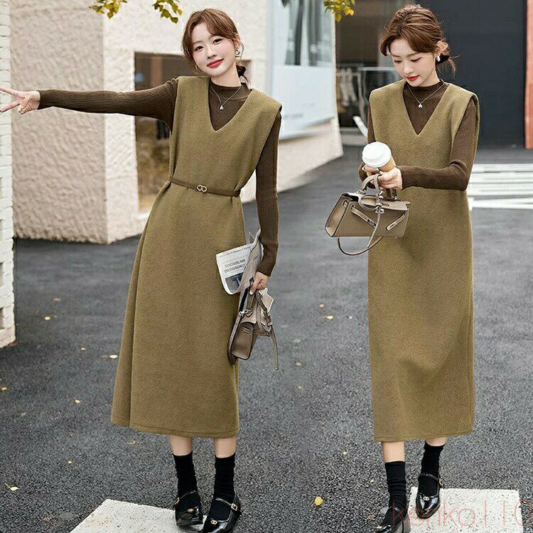 【送料無料】ジャンパースカート ワンピース ロング ロングワンピース きれいめ レディース レイヤード セレモニー 体型カバー 重ね着 キャミワンピ Vネック 無地 スリット