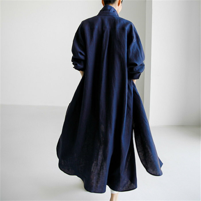 【送料無料】シャツワンピース ロング レディース カーディガン 春夏 長袖 綿麻風 フレアワンピース ミモレ丈 大きいサイズ ゆったり サイドスリット 無地 コットン リネン