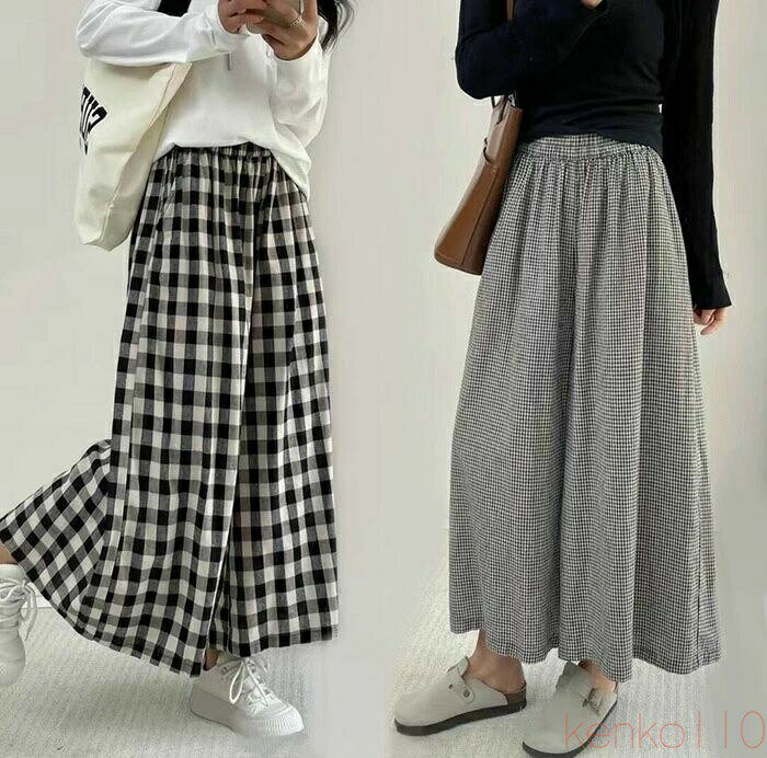【送料無料】綿麻 ワイドパンツ レディース ギンガムチェック コットン リネン パンツ 春夏 レディース ブロックチェック ズボン ボトムス ウエストゴム 大きいサイズ ゆった