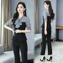 【送料無料】セットアップ レディース 2点セット ツーピース スーツ パンツスーツ ブラウス パンツ 切り替え リボン個性的 M L XL 2XL 3XL 4XL 青 ピンク シャンパン 白 シ