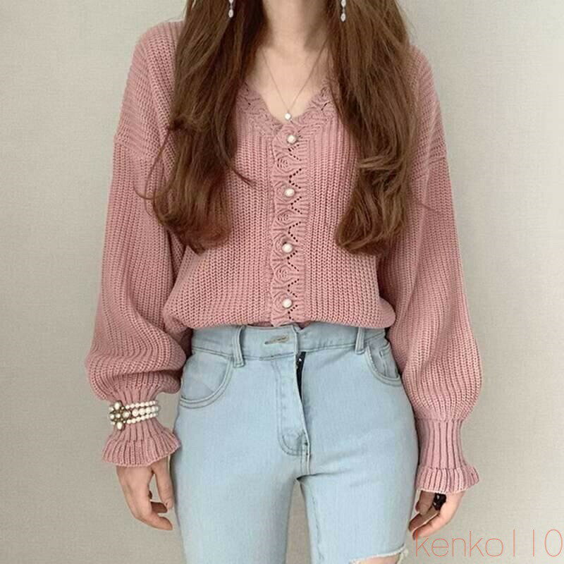【送料無料】トップス ニット カーディガン 4色 パール スカラップ 長袖 レディース レース編み ゆったり 大きめ シンプル カジュアル ラフ 無地 ベージュ ピンク ブルー 青