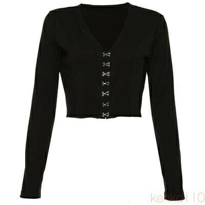 【送料無料】トップス カーディガン ニット レディース個性的 ショート丈 Vネック 長袖 フック留め 無地 黒 S M L 春 秋 冬 おしゃれ きれいめ 大人可愛い エレガント 着回