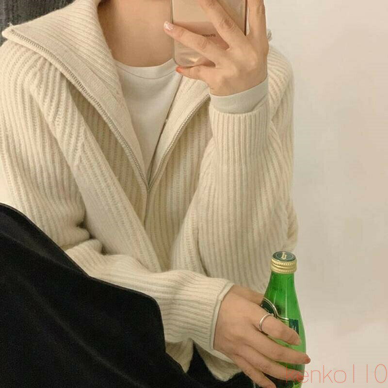 【送料無料】秋冬 カーディガン ニット トップス アウター ニットソー カーディガン 上着 ショート丈 袖あり 長袖 Vネック 襟付き ストレート レギュラー ファスナー 前開き