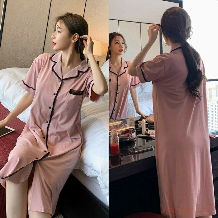 【送料無料】ルームウェア レディース 部屋着 パジャマ ワンピース個性的 半袖 オープンカラー 前開き ひざ丈 レース 無地 ピンク グレー M L XL 2XL 春 夏 秋 カジュアル き