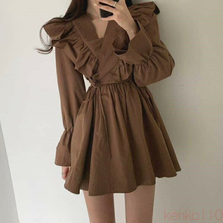 【送料無料】ワンピース 3色 フリル サイドリボン 長袖 レディース クロスデザイン ミニ丈 ショート丈 春 秋 冬 Aライン Vネック ふんわり ガーリー フェミニン シンプル カ