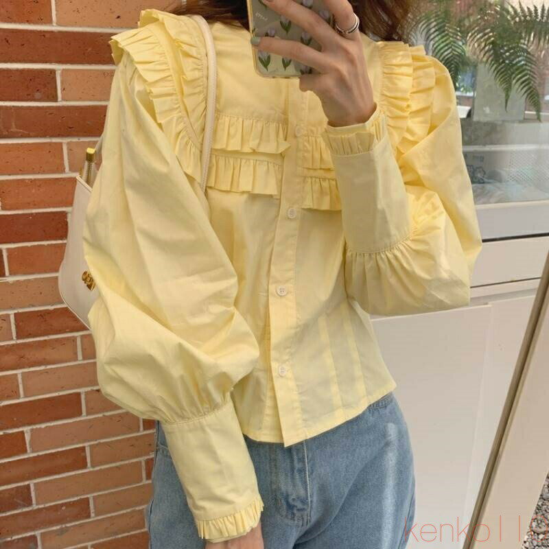 【送料無料】トップス レディース シャツ ショート丈 袖あり 長袖 パフスリーブ 春 秋 冬 ラウンドネック 襟なし フリル 前開き個性的 かわいい きれいめ おしゃれ ラブリー