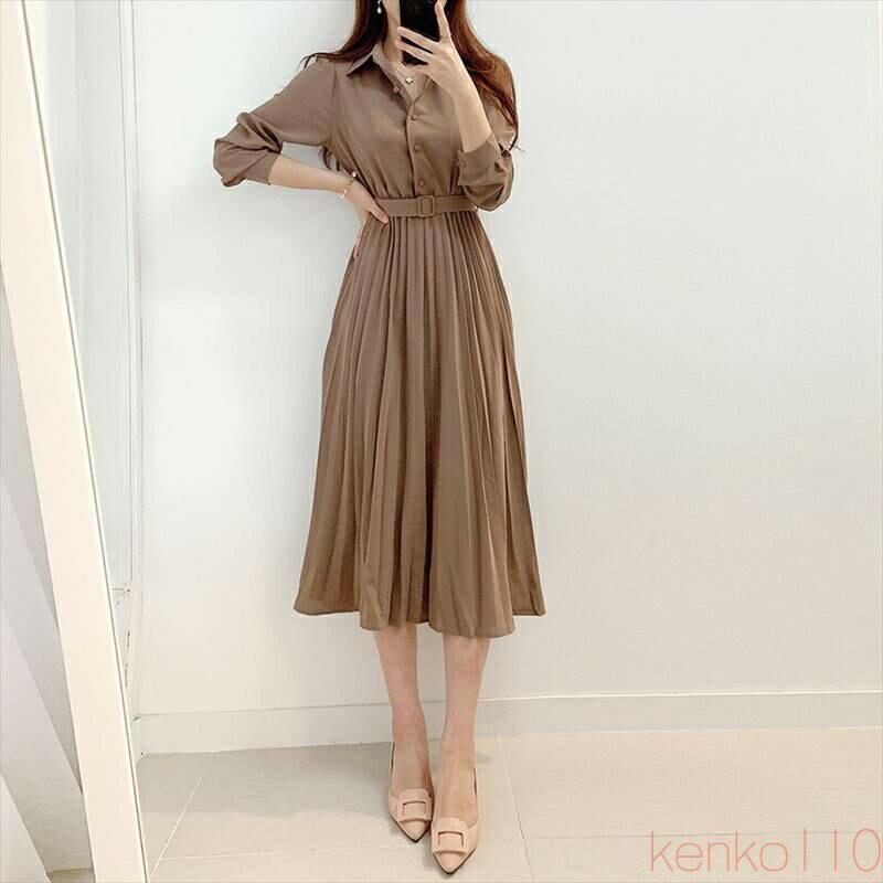 【送料無料】ワンピース レディース シャツワンピース S M L ブラウン 茶色 ベージュ 無地 プリーツ 春 秋 長袖 襟付き フロントボタン ミドル丈 ミドル ミディ丈 ミディ 膝