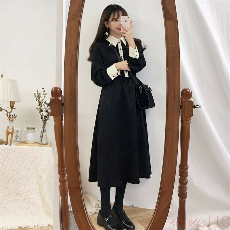 【送料無料】ワンピース ロング バイカラー レディース個性的 長袖 襟付き 黒 S M L XL 春 秋 冬 Aライン ふんわり ガーリー フェミニ..