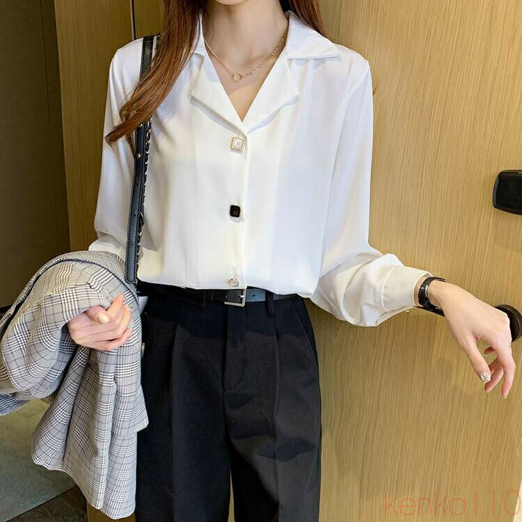 樂天商城 - 【送料無料】春秋 シフォン トップス トップス ブラウス ショート丈 袖あり 長袖 Vネック 襟付き スリム レギュラー ふわふわ 前開き 透け感 ボタン 異素材MIX 大人可愛い シ