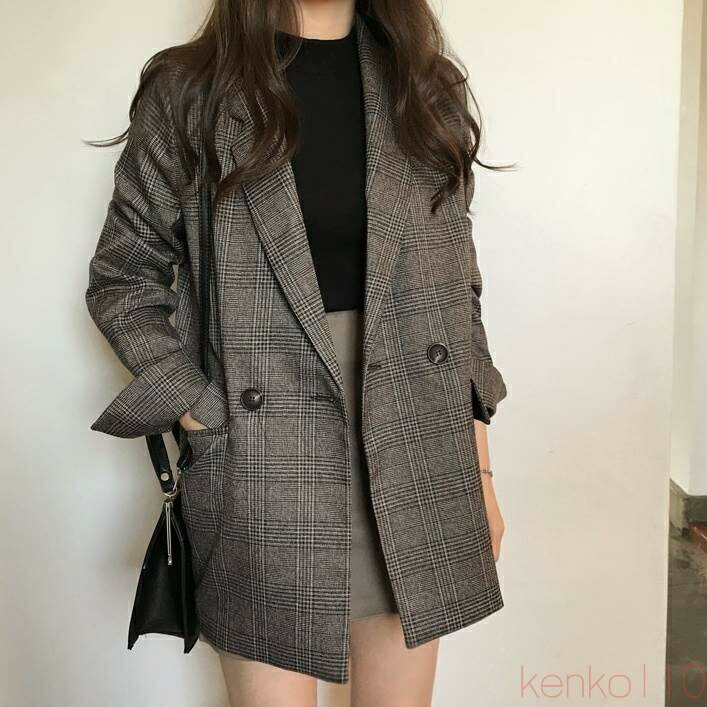 【送料無料】アウター テーラードジャケット コート レディース個性的 チェック 柄 秋 冬 ロング丈 Vネック ラフ くすみカラー ワイド ゆったり 茶色 グレー お洒落 大人可愛