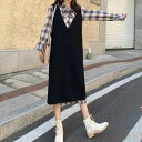 【送料無料】ワンピースセット セットアップ レディース ツーピース 2点セット シャツワンピースセット 春 秋 ボウタイシャツワンピース&ロングニット個性的 セット チェ