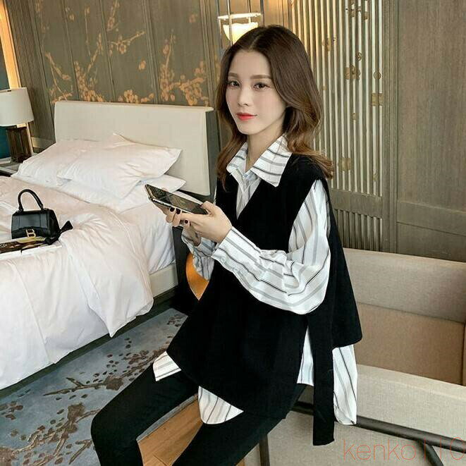 【送料無料】2点セット ツーピース トップス シャツ ブラウス ニットソー ベスト 袖あり ノースリーブ ..