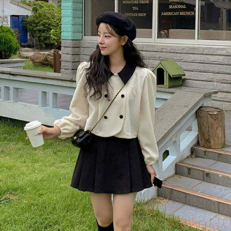 【送料無料】アウター ジャケット バイカラー レディース個性的 ダブルボタン ショート丈 バイカラー 黒 ベージュ 春 秋 ゆったり 長袖 きれいめ 清楚 シンプル カジュアル