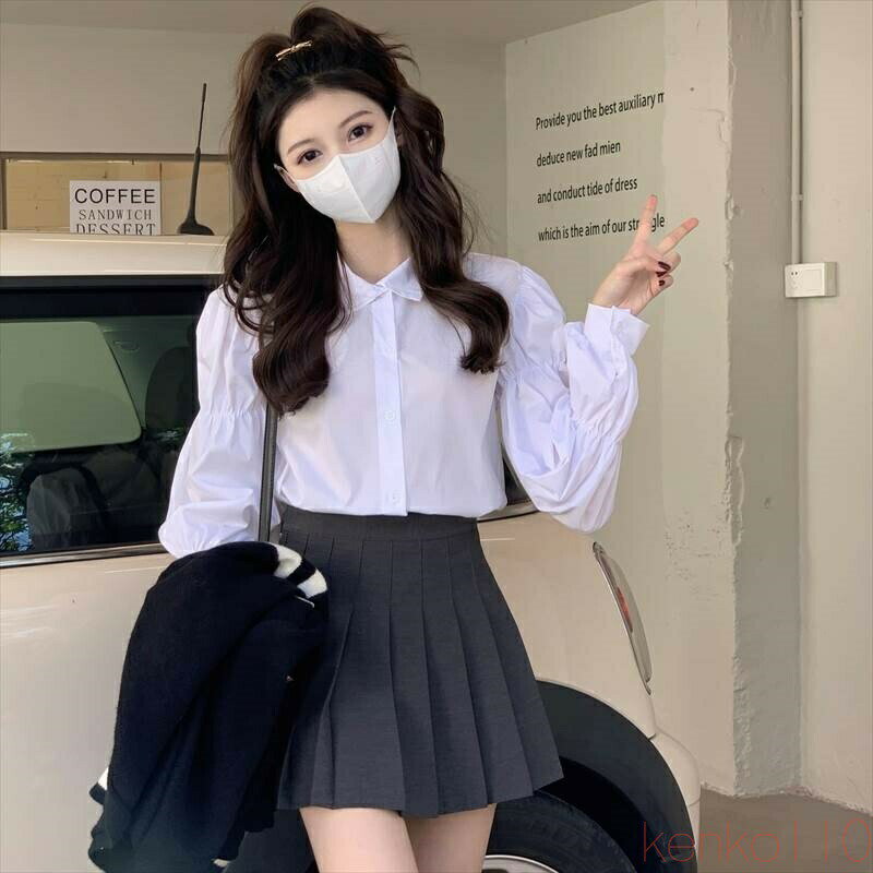 【送料無料】セットアップ 上下セット ブラウス スカート レディース個性的 トップス ミニスカ 長袖 パフスリーブ プリーツ ショート丈 ミニ丈 無地 白 黒 S M L 春 秋 お洒