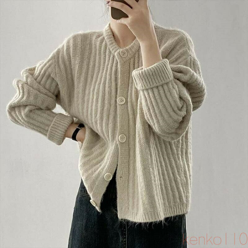 【送料無料】トップス レディース リブニットカーディガン セーター 長袖 クルーネック ラウンドネック ボタン 前開き 大人可愛い きれいめ シンプル カジュアル 上品 おしゃ(4.0)