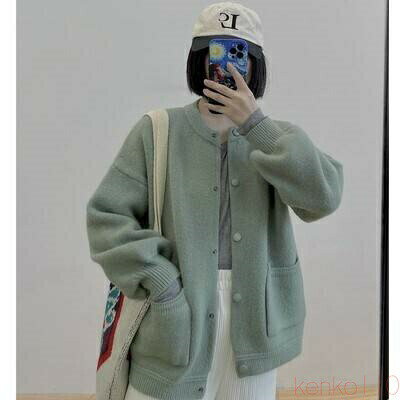 【送料無料】トップス ニット カーディガン 4色 長袖 レディース 秋 冬 厚手 ゆったり個性的 大きめ シンプル カジュアル ラフ 無地 ベージュ 緑 黒 青 ボタン 前開き ゆる