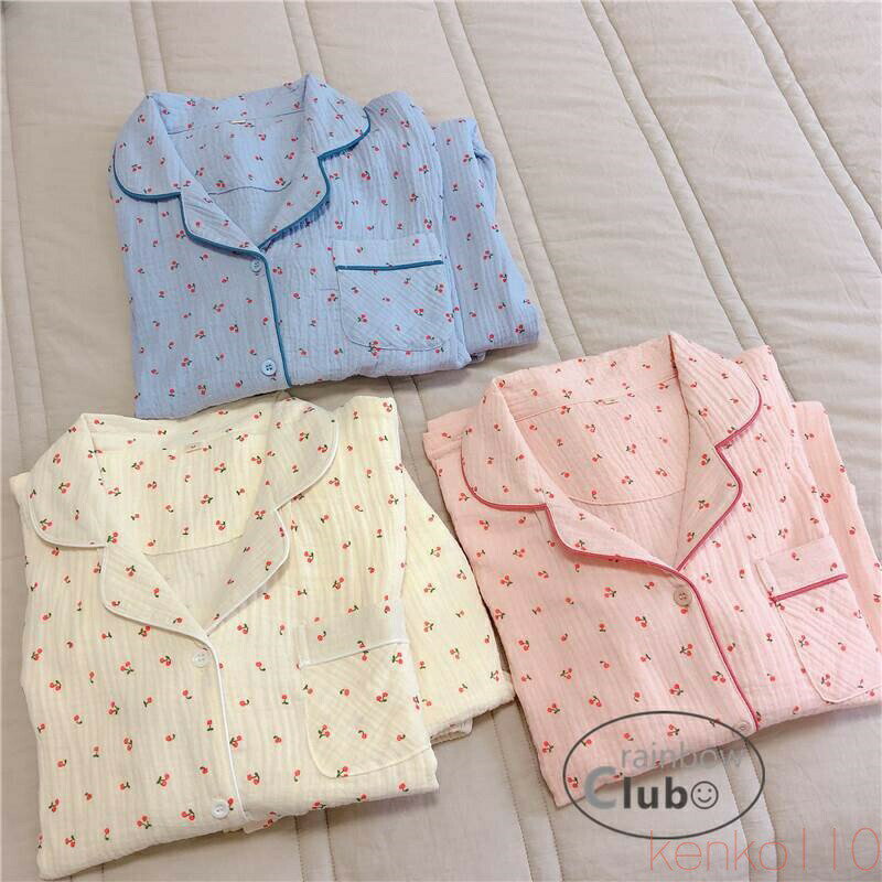 【送料無料】ルームウェア レディース 部屋着 パジャマ 上下セット トップス パンツ個性的 長袖 Vネック 襟付き さくらんぼ 柄 ピンク 青 黄色 M L XL 春 夏 秋 カジュアル